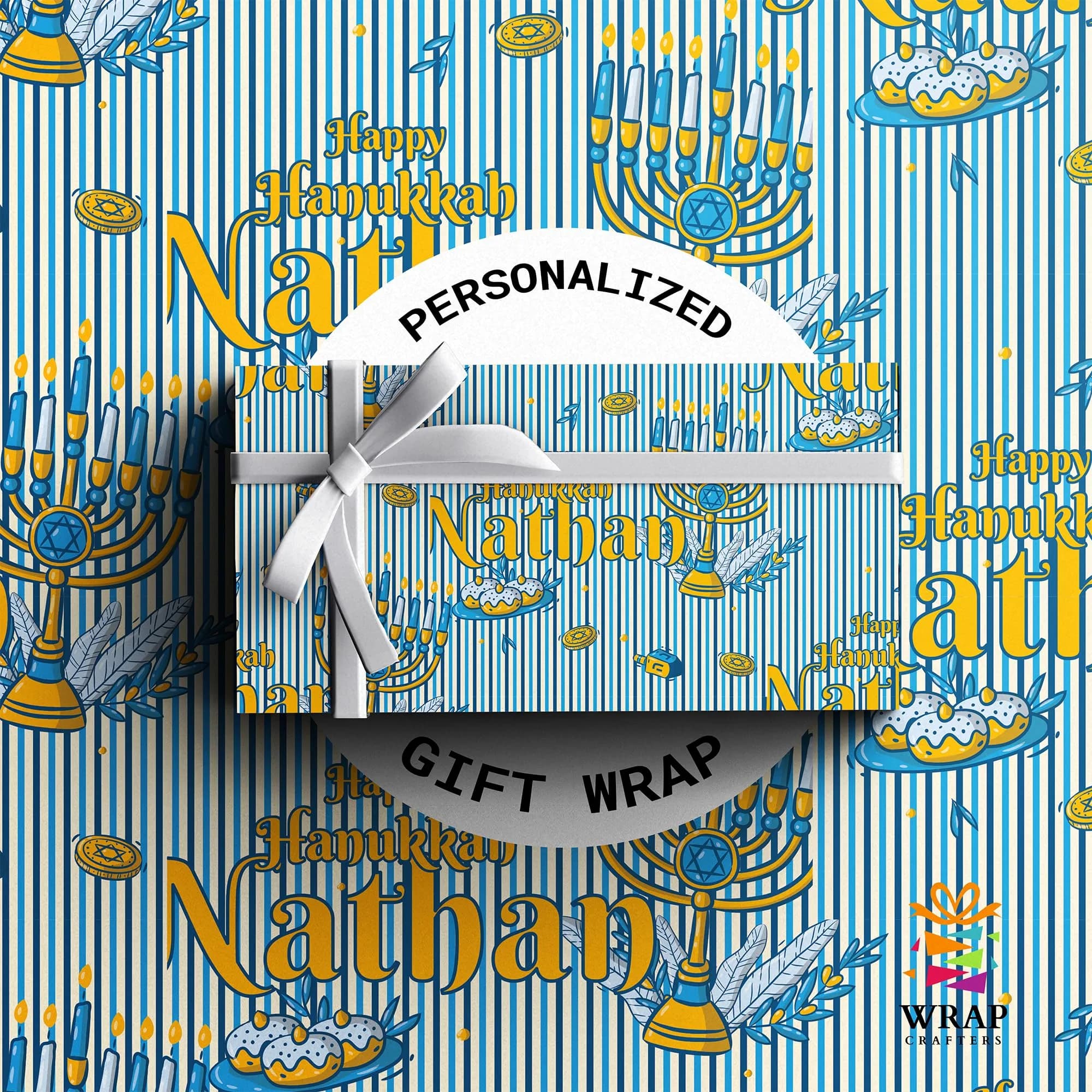 Wrap Crafters Personalized Hanukkah Star of David Wrapping Paper | Custom Menorah Gift Wrap (White, 24"x144") - main product image