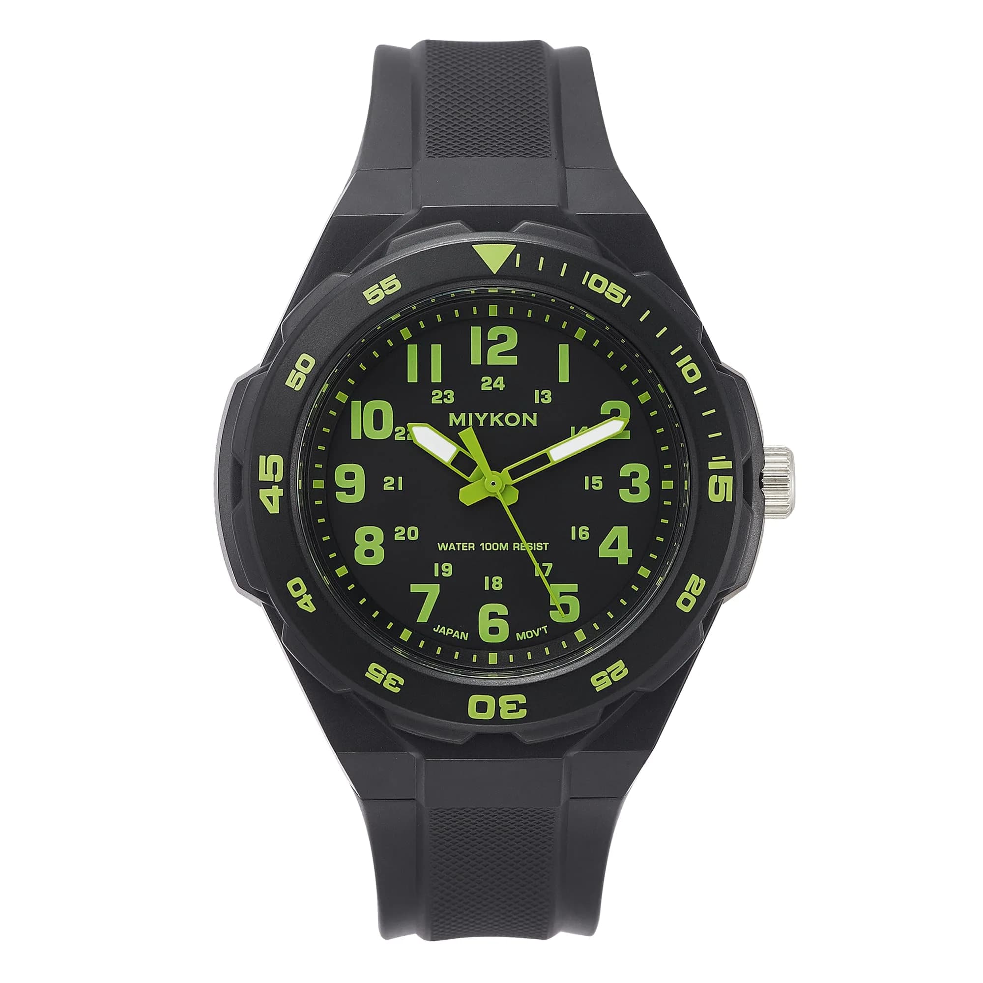 Miykon Men's Black Sports Dive Watch | 100M Water Resistance, Rotating Bezel, Shockproof Resin Case — Green