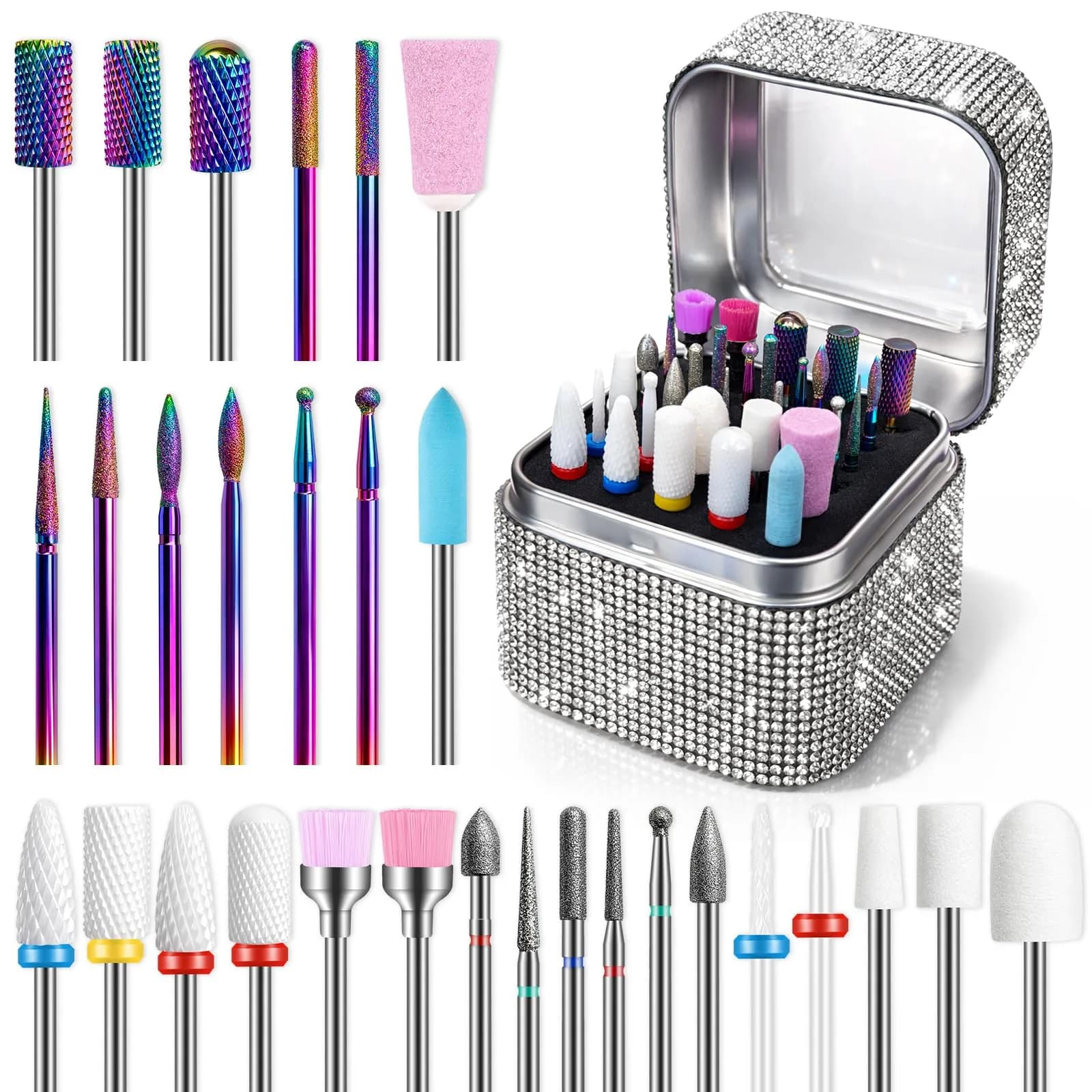Rolokit 30PCS Nail Drill Bits Set for Hard Gel Removal | Ceramic & Tungsten Carbide with Rhinestones Case — Silver Case with 30 Bits