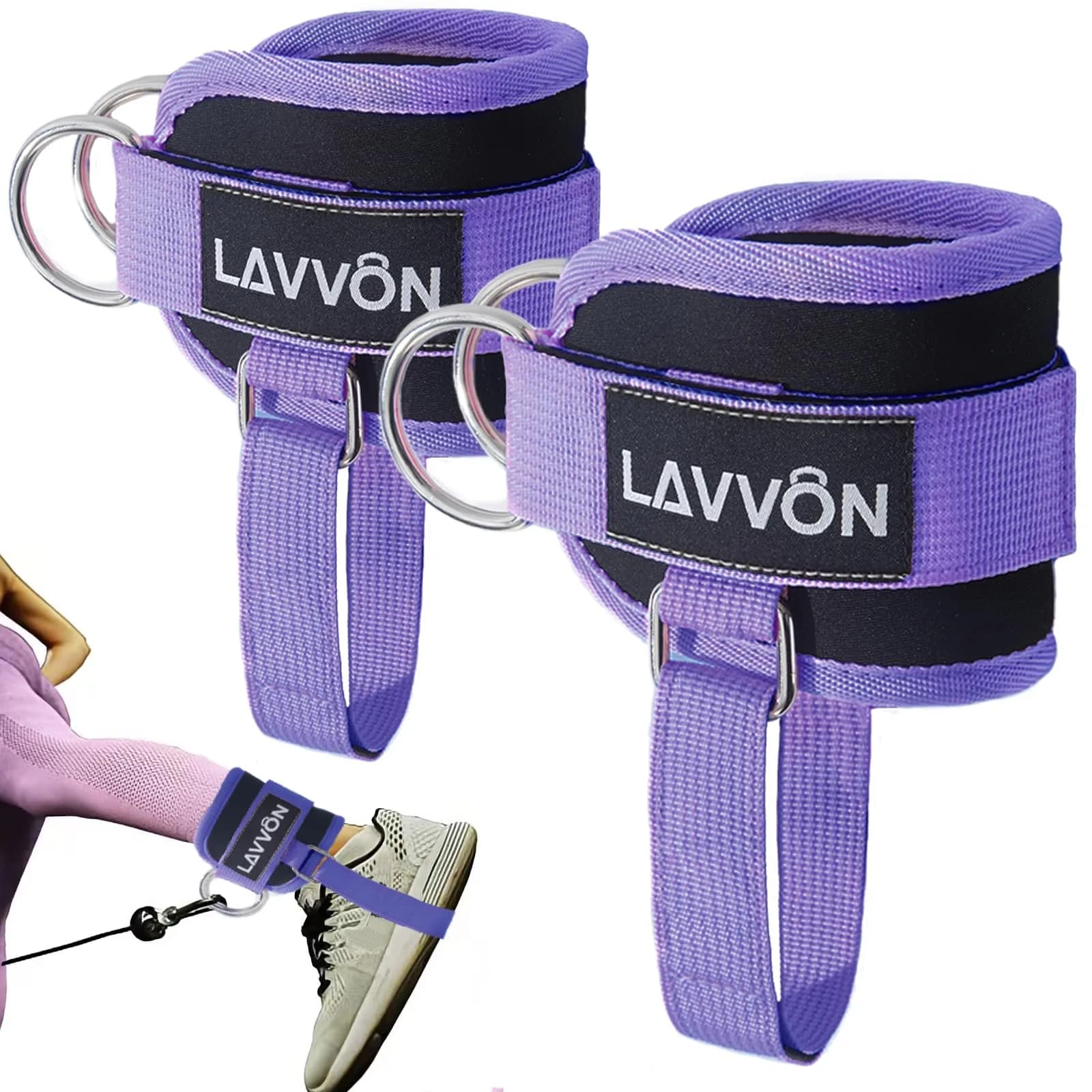 LAVVON Padded Ankle Straps for Cable Machines Kickbacks - Glute Workout Cuffs (Pair, Purple) | Secure Fit for Lower Body Strength — Purple