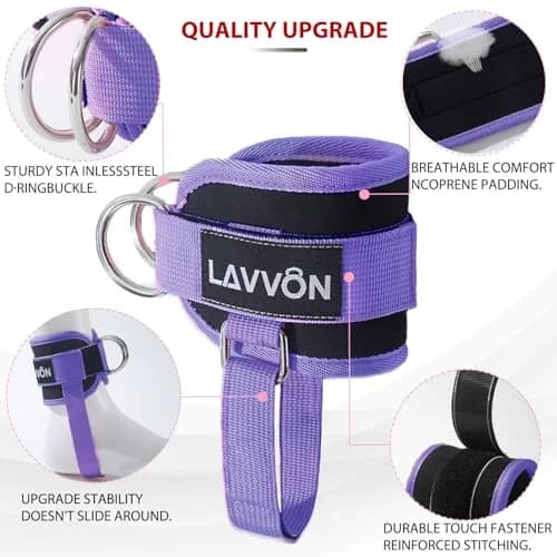 LAVVON Padded Ankle Straps for Cable Machines Kickbacks - Glute Workout Cuffs (Pair, Purple) | Secure Fit for Lower Body Strength thumbnail 3