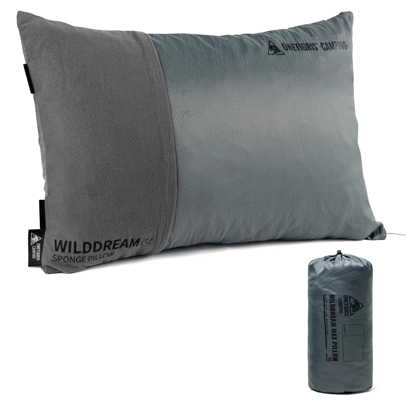 ONETIGRIS Wilddream Camping Pillow Shredded Memory Foam 550g (1.2 lb) Orange | All-Season Comfort for Backpacking & Travel — Cool Gray