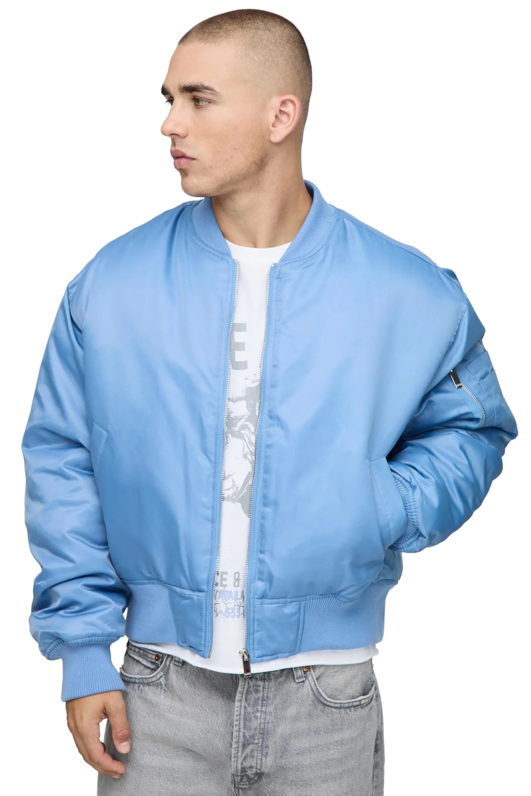 boohooMAN Oversized Boxy Curved Hem Nylon Bomber Jacket | Blue, Medium, Fall