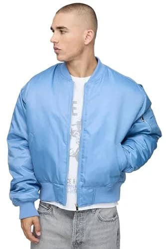 boohooMAN Oversized Boxy Curved Hem Nylon Bomber Jacket | Blue, Medium, Fall thumbnail 1