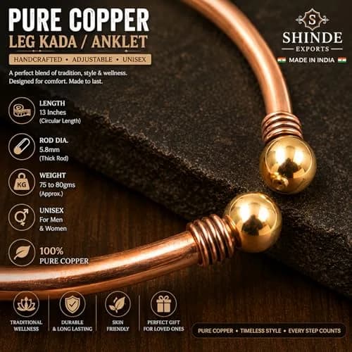 SHINDE EXPORTS Pure Copper Leg Anklet Bracelet Kada 75gms (6mm Rod) | Adjustable Unisex Indian Jewelry thumbnail 4