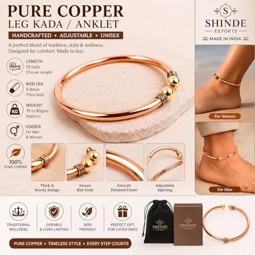 SHINDE EXPORTS Pure Copper Leg Anklet Bracelet Kada 75gms (6mm Rod) | Adjustable Unisex Indian Jewelry thumbnail 2