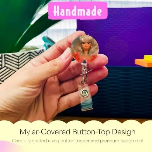 Limeloot Blonde Cringe Doll Nurse Badge Reel | Retractable ID Holder with 34" Cord & Swivel Clip thumbnail 2