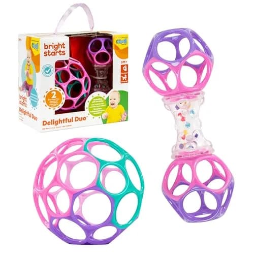 Bright Starts Delightful Duo 2-Pack Oball Rattles Gift Set | Newborn & Up, Pink & Purple thumbnail 1