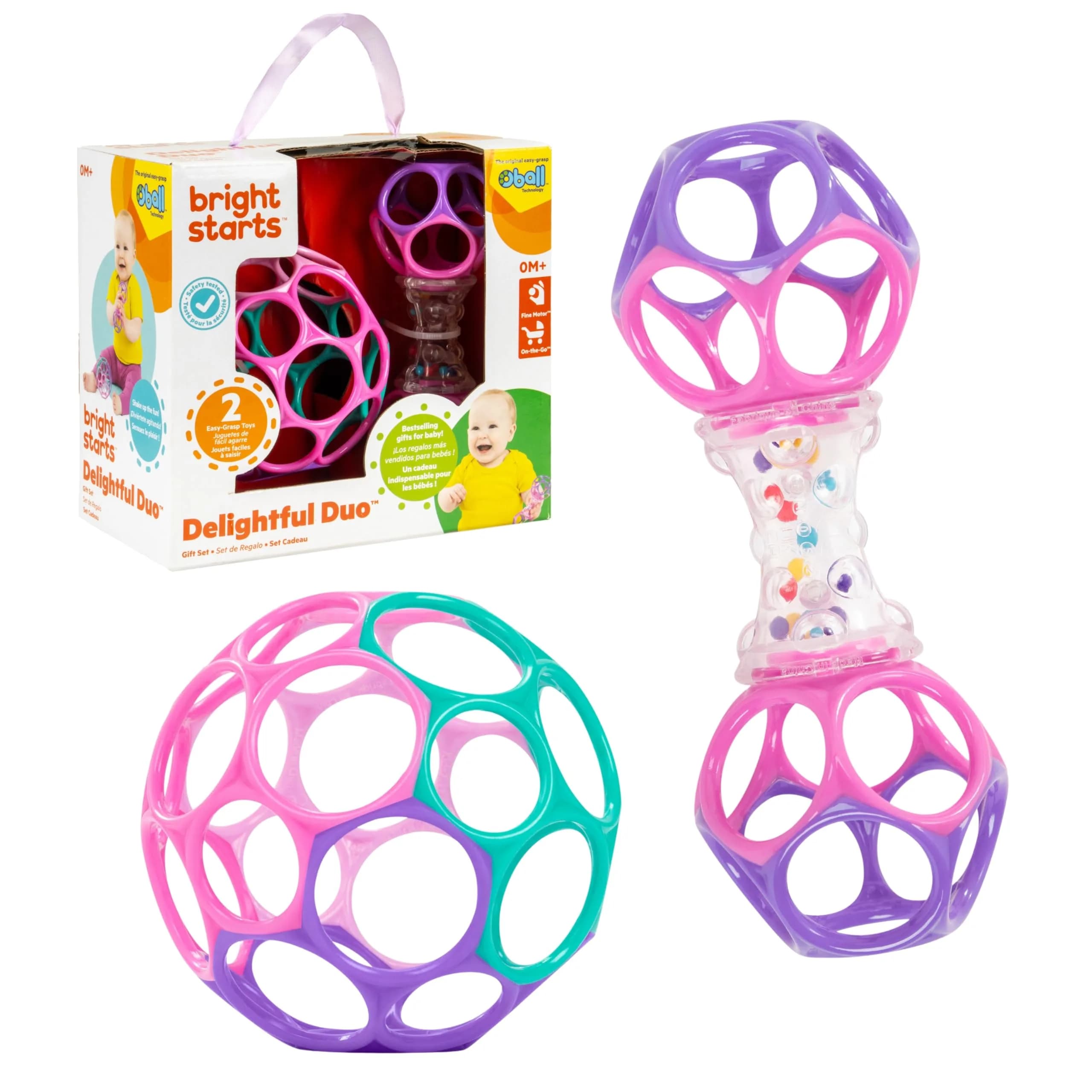 Bright Starts Delightful Duo 2-Pack Oball Rattles Gift Set | Newborn & Up, Pink & Purple