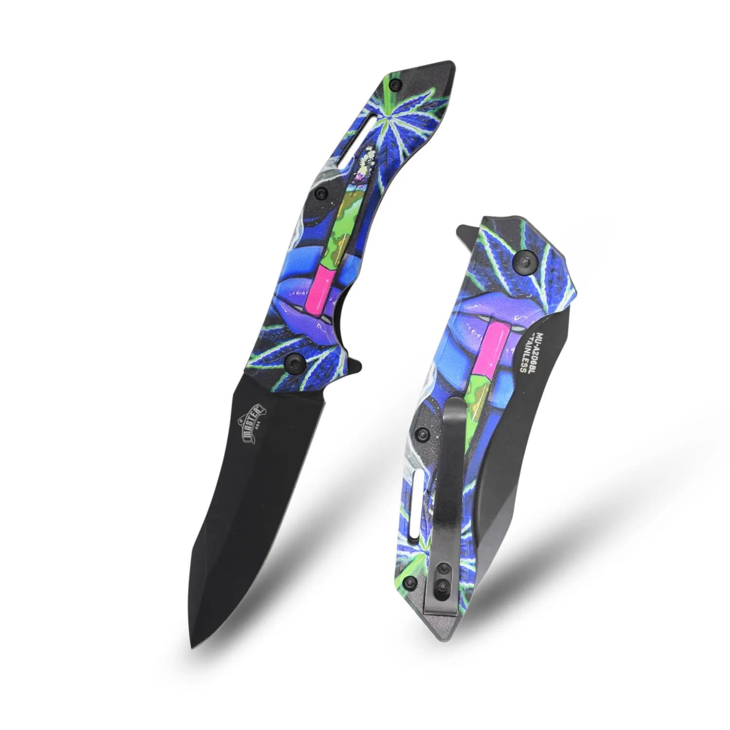 MASTER USA Folding Pocket Knife, 8 inch Overall Length, Floral Leaf Pattern Handle, Black 3.5 inch Blade, EDC (Blue)
