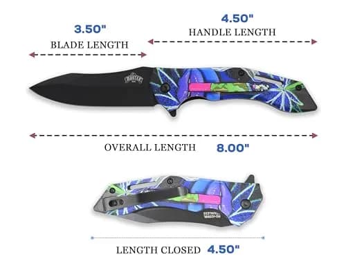 MASTER USA Folding Pocket Knife, 8 inch Overall Length, Floral Leaf Pattern Handle, Black 3.5 inch Blade, EDC (Blue) thumbnail 2