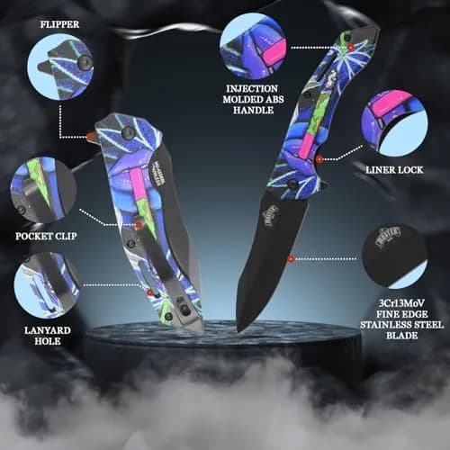 MASTER USA Folding Pocket Knife, 8 inch Overall Length, Floral Leaf Pattern Handle, Black 3.5 inch Blade, EDC (Blue) thumbnail 3