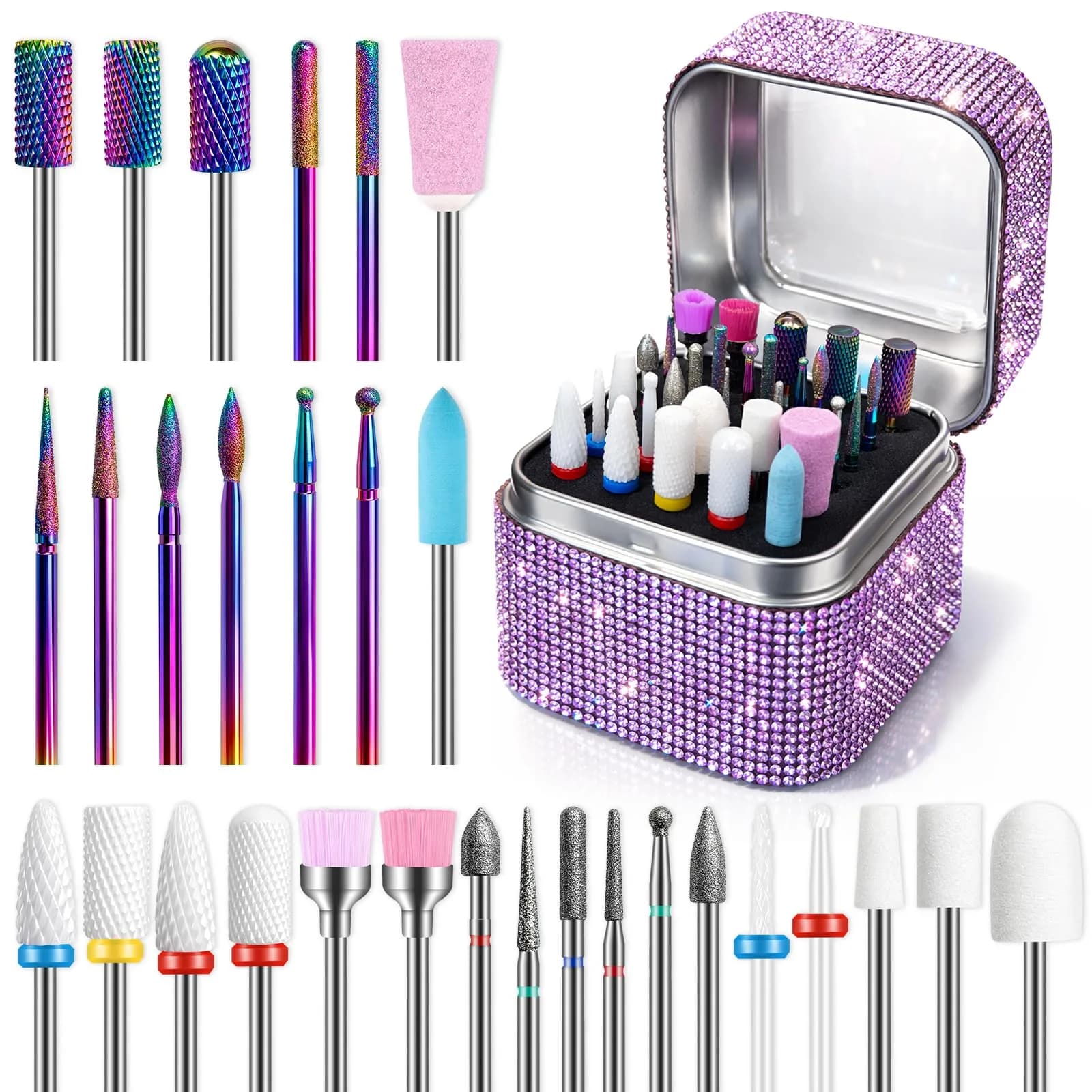 Rolokit 30PCS Nail Drill Bits Set with Holder Case | Professional 3/32" Diamond Ceramic Carbide Nail Bits for Acrylic Gel Polish Removal, Cuticle Care & Nail Art Tool Kit for Manicure Pedicure, Salon & Home Use — Purple Case with 30 Bits