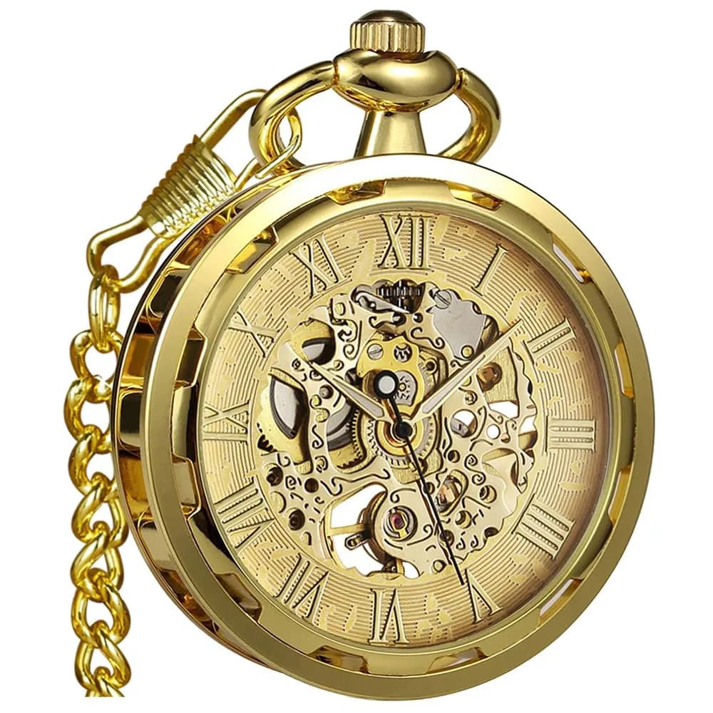 VIGOROSO Vintage Mechanical Pocket Watch with Chain | 4.3 cm (1.75 Inch) Case | Gold & Roman Numeral Dial - main product image