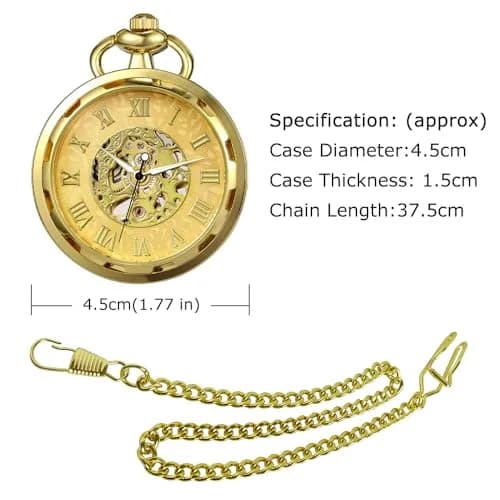 VIGOROSO Vintage Mechanical Pocket Watch with Chain | 4.3 cm (1.75 Inch) Case | Gold & Roman Numeral Dial thumbnail 5