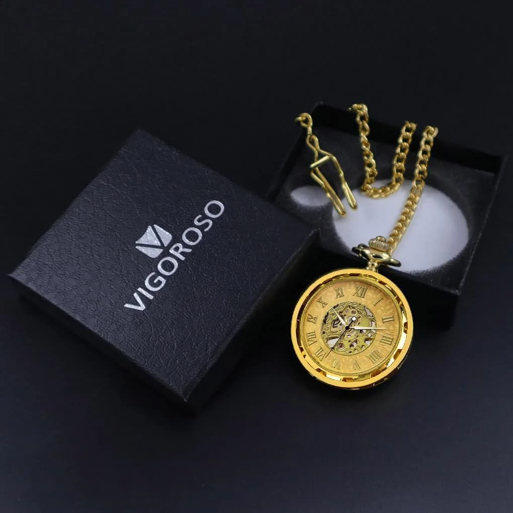 VIGOROSO Vintage Mechanical Pocket Watch with Chain | 4.3 cm (1.75 Inch) Case | Gold & Roman Numeral Dial - view 6