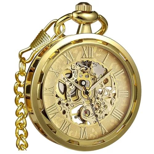 VIGOROSO Vintage Mechanical Pocket Watch with Chain | 4.3 cm (1.75 Inch) Case | Gold & Roman Numeral Dial thumbnail 1