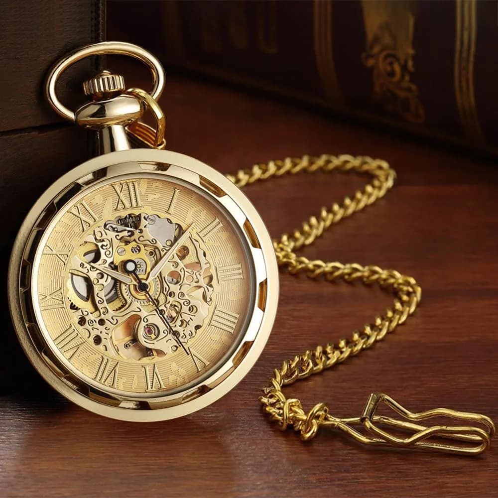 VIGOROSO Vintage Mechanical Pocket Watch with Chain | 4.3 cm (1.75 Inch) Case | Gold & Roman Numeral Dial - view 2