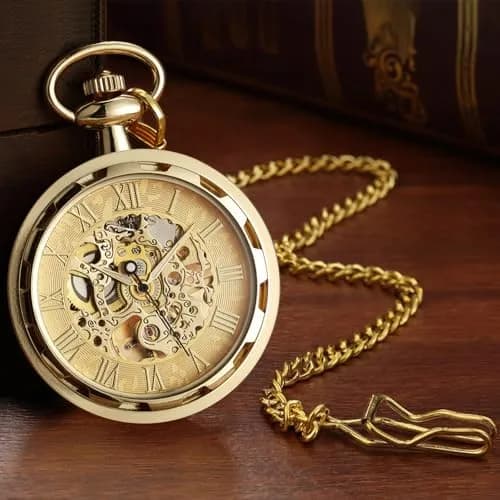 VIGOROSO Vintage Mechanical Pocket Watch with Chain | 4.3 cm (1.75 Inch) Case | Gold & Roman Numeral Dial thumbnail 2