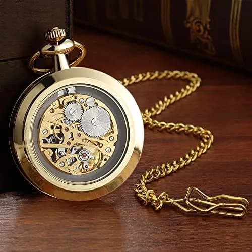 VIGOROSO Vintage Mechanical Pocket Watch with Chain | 4.3 cm (1.75 Inch) Case | Gold & Roman Numeral Dial thumbnail 3