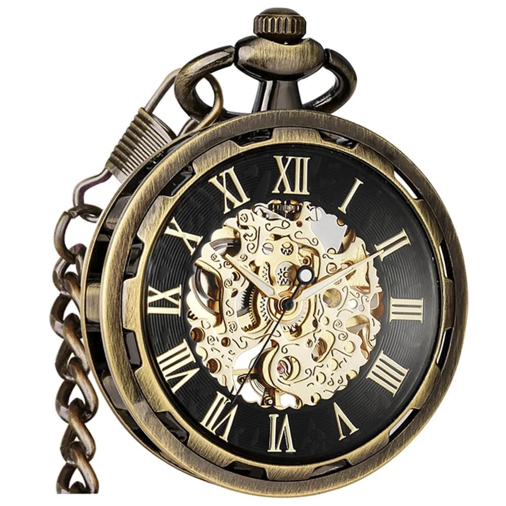 VIGOROSO Bronze & Roman No. Vintage Mechanical Pocket Watch with Chain | 4.3 cm (1.75 Inch) Case - main product image