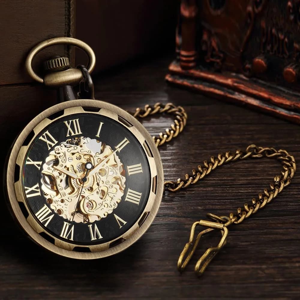 VIGOROSO Bronze & Roman No. Vintage Mechanical Pocket Watch with Chain | 4.3 cm (1.75 Inch) Case - view 2