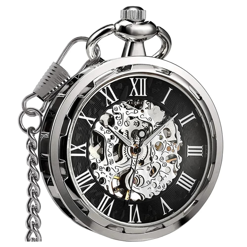 VIGOROSO Silver & Roman Numeral Mechanical Pocket Watch with Chain | 4.3 cm (1.75 Inch) Case - main product image