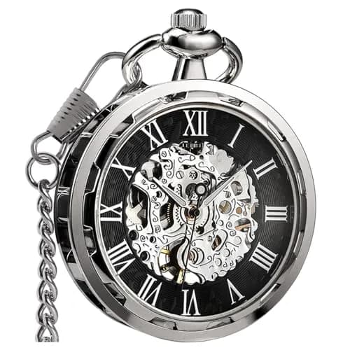 VIGOROSO Vintage Pocket Watch with Chain | Mechanical Skeleton Dial, Roman Numerals, 1.75in Alloy Steel Case, Silver & Roman No. thumbnail 1