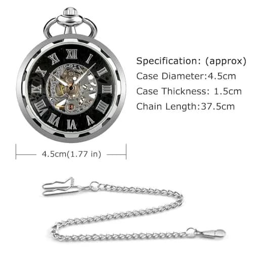 VIGOROSO Vintage Pocket Watch with Chain | Mechanical Skeleton Dial, Roman Numerals, 1.75in Alloy Steel Case, Silver & Roman No. thumbnail 5