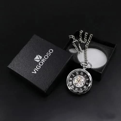 VIGOROSO Vintage Pocket Watch with Chain | Mechanical Skeleton Dial, Roman Numerals, 1.75in Alloy Steel Case, Silver & Roman No. thumbnail 6