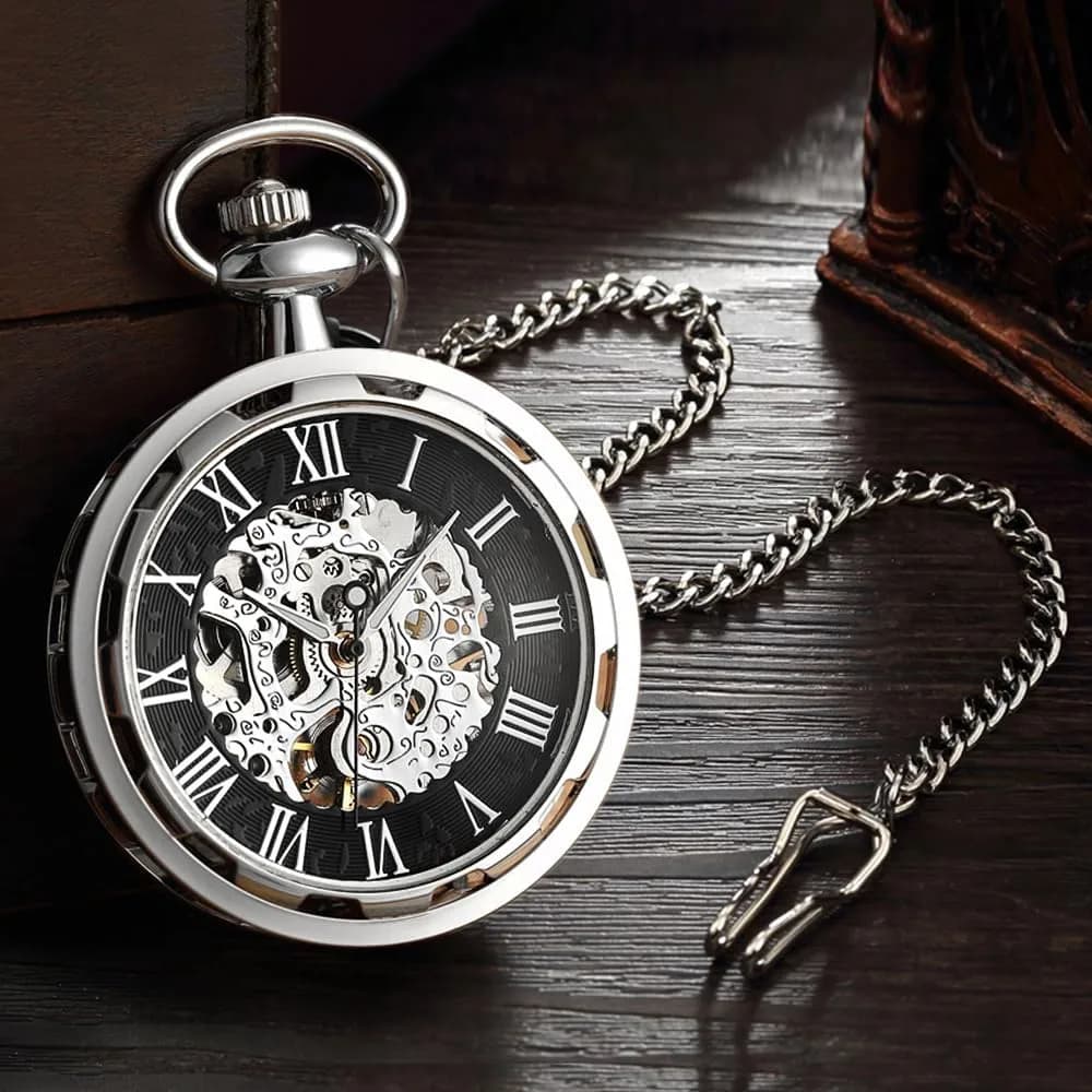 VIGOROSO Silver & Roman Numeral Mechanical Pocket Watch with Chain | 4.3 cm (1.75 Inch) Case - view 2