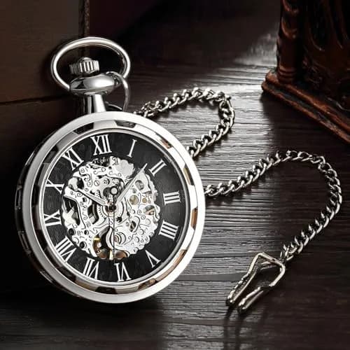 VIGOROSO Vintage Pocket Watch with Chain | Mechanical Skeleton Dial, Roman Numerals, 1.75in Alloy Steel Case, Silver & Roman No. thumbnail 2