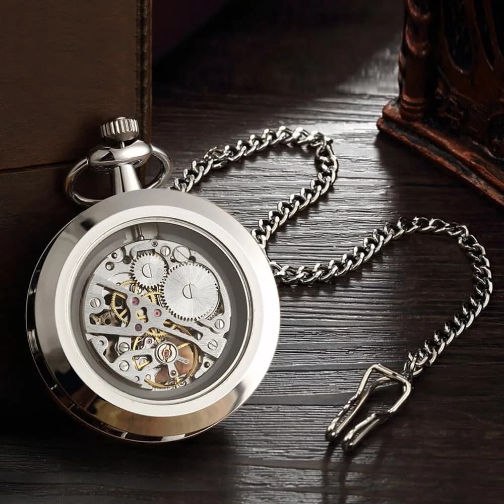 VIGOROSO Silver & Roman Numeral Mechanical Pocket Watch with Chain | 4.3 cm (1.75 Inch) Case - view 3