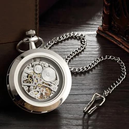 VIGOROSO Vintage Pocket Watch with Chain | Mechanical Skeleton Dial, Roman Numerals, 1.75in Alloy Steel Case, Silver & Roman No. thumbnail 3