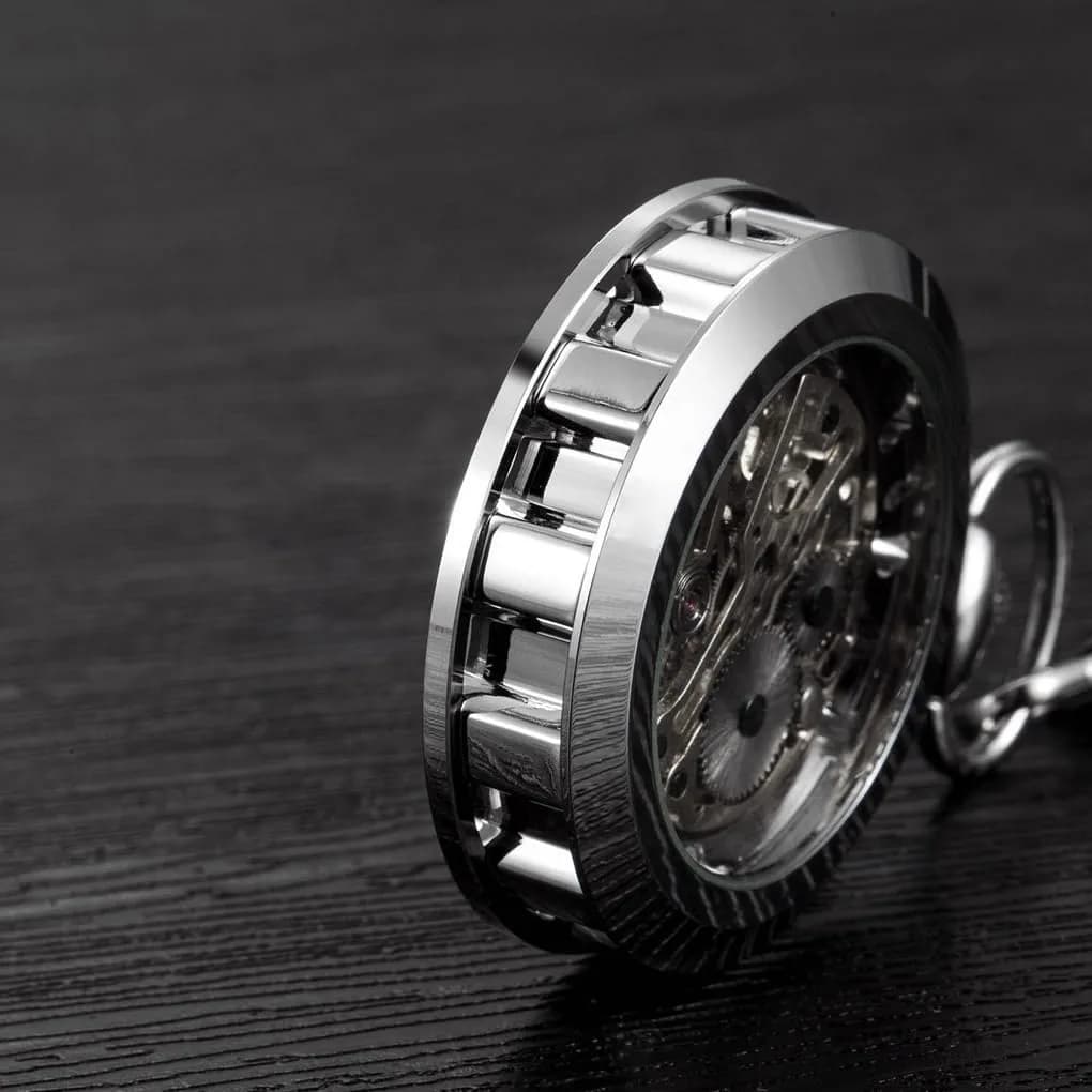 VIGOROSO Silver & Roman Numeral Mechanical Pocket Watch with Chain | 4.3 cm (1.75 Inch) Case - view 4
