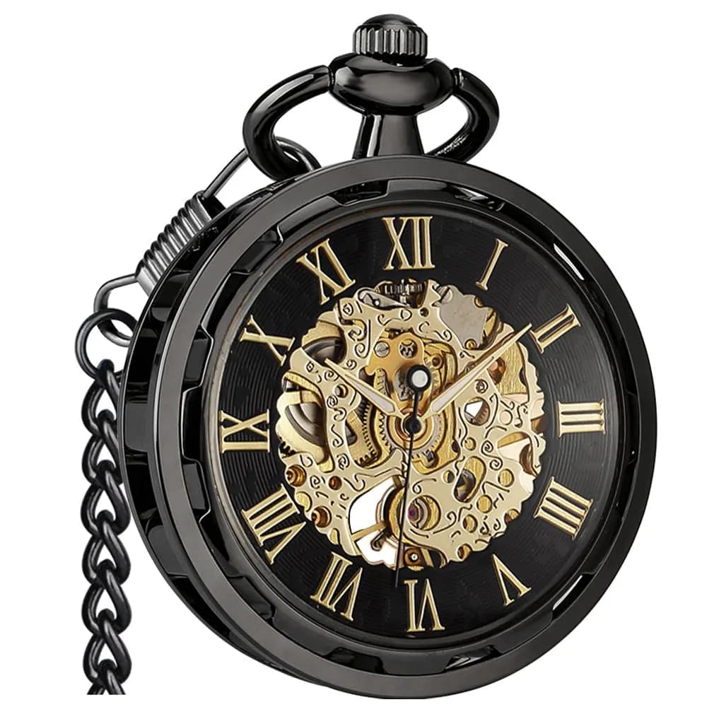VIGOROSO Black Vintage Mechanical Pocket Watch with Chain | 4.3 cm Case | Roman Numeral Dial - main product image