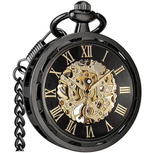 VIGOROSO Vintage Pocket Watch with Chain | Mechanical Skeleton Dial, Roman Numerals, 1.75" Alloy Steel Case, Black & Roman No. thumbnail 6