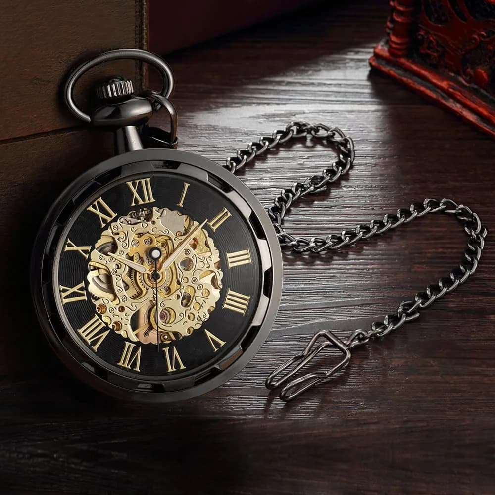 VIGOROSO Black Vintage Mechanical Pocket Watch with Chain | 4.3 cm Case | Roman Numeral Dial - view 2