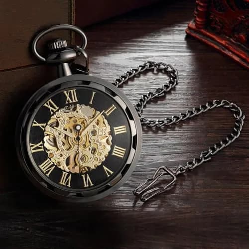 VIGOROSO Vintage Pocket Watch with Chain | Mechanical Skeleton Dial, Roman Numerals, 1.75" Alloy Steel Case, Black & Roman No. thumbnail 2