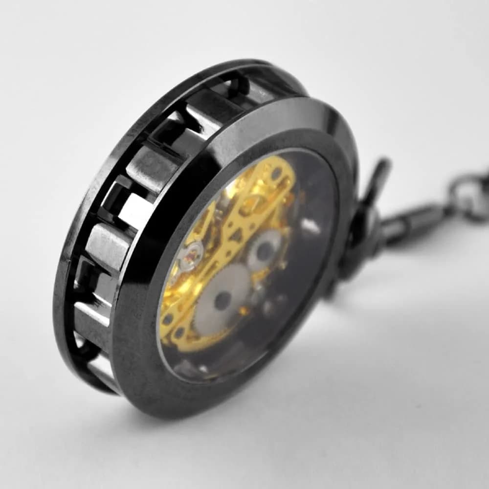 VIGOROSO Black Vintage Mechanical Pocket Watch with Chain | 4.3 cm Case | Roman Numeral Dial - view 4