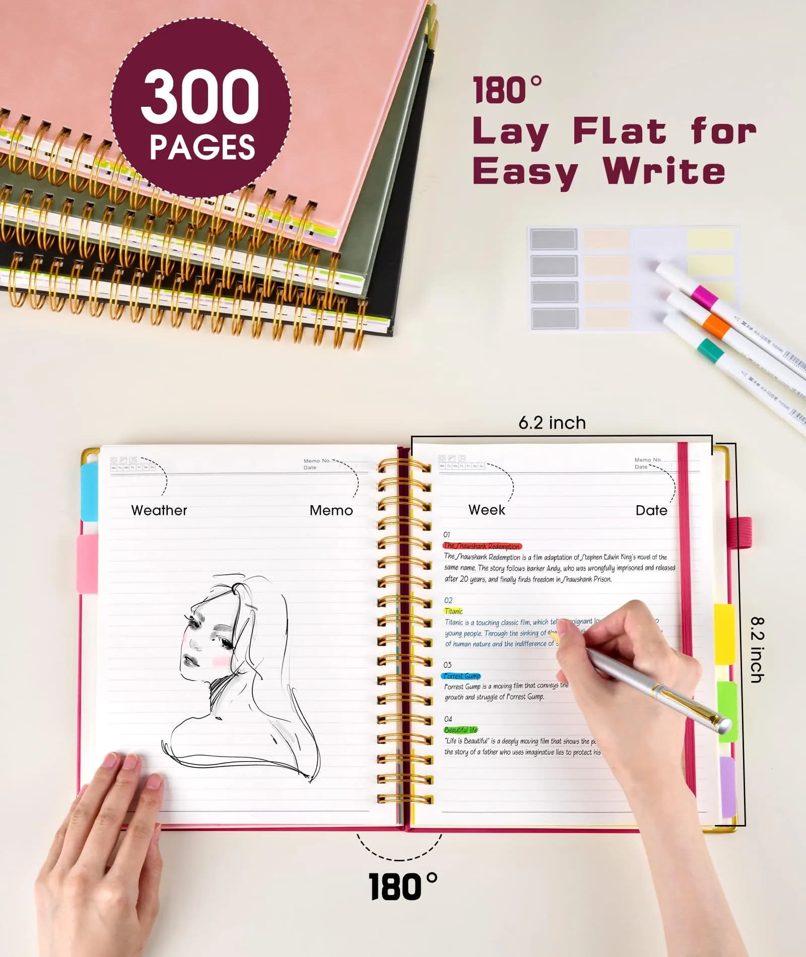 dilitego Hardcover Spiral Notebook with Removable Dividers, 300 Pages A5 Rose | College Ruled Journal for Work School Note taking - view 3