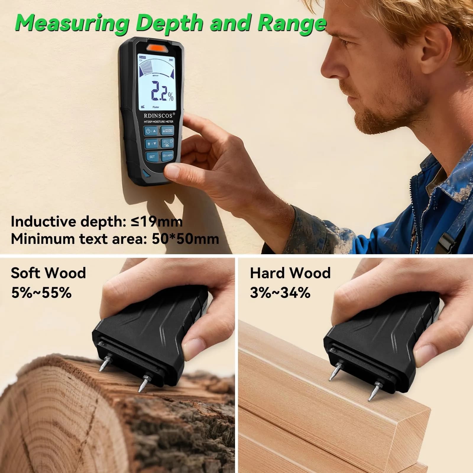 RDINSCOS Pinless & Pin-Type Moisture Meter for Wood, Drywall & Concrete | Digital LCD Moisture Reader with Audible Alarm - view 5