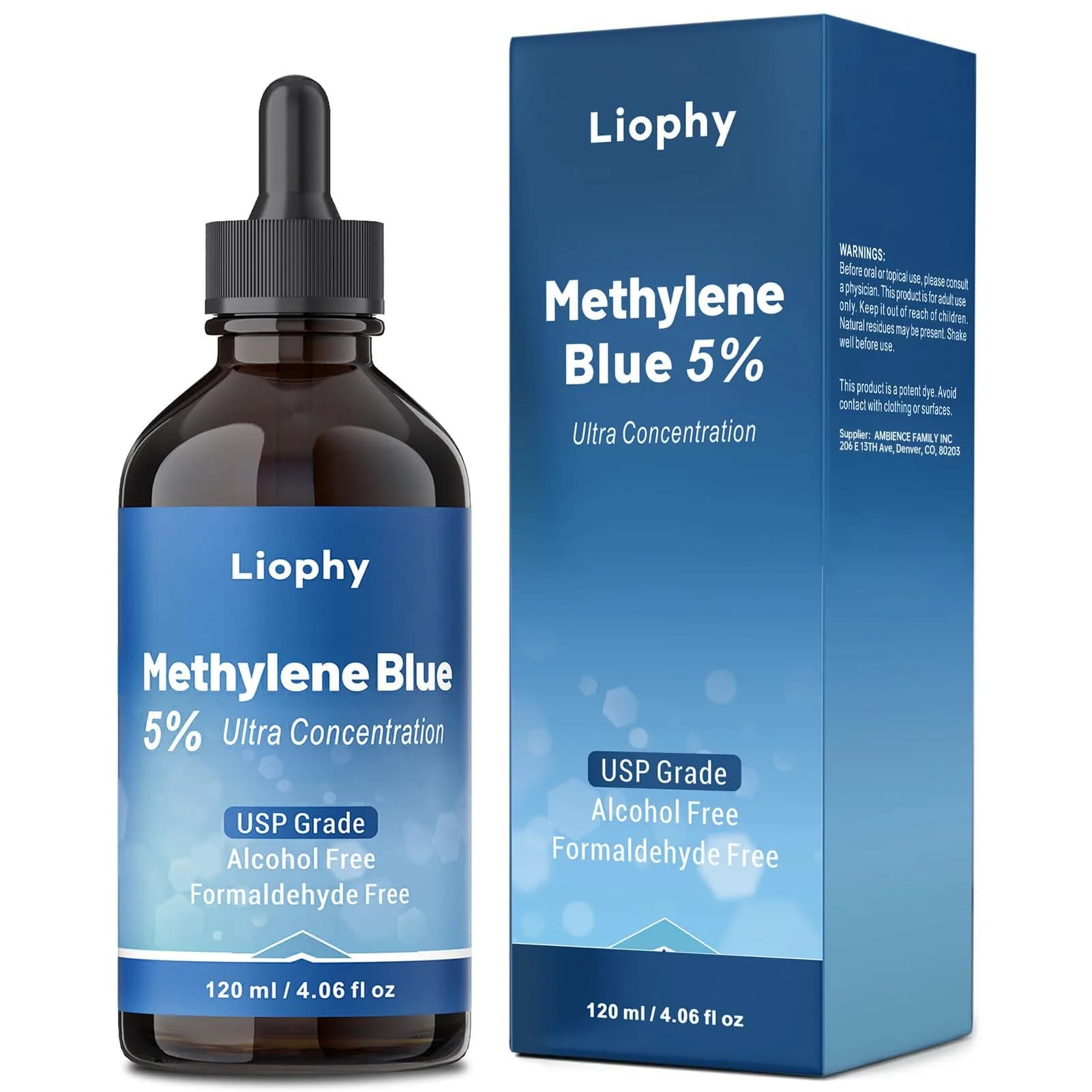 Liophy Methylene Blue Pharmaceutical Grade 5% Drops 120 mL (4.06 Fl Oz) | High Purity 99.99% for Humans - main product image