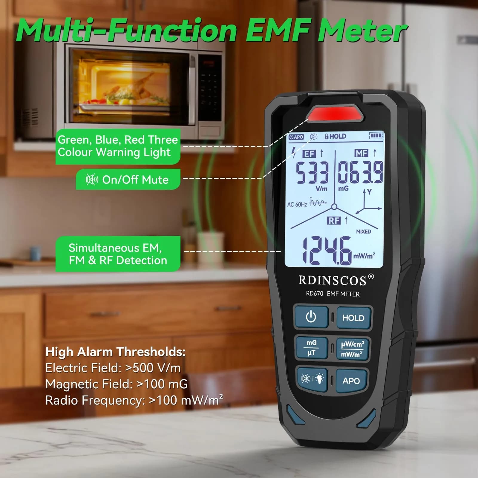 RDINSCOS 3-in-1 EMF Detector Rechargeable EMF Meter with 10GHz RF Detection | Measures Electric, Magnetic, RF Fields - view 7