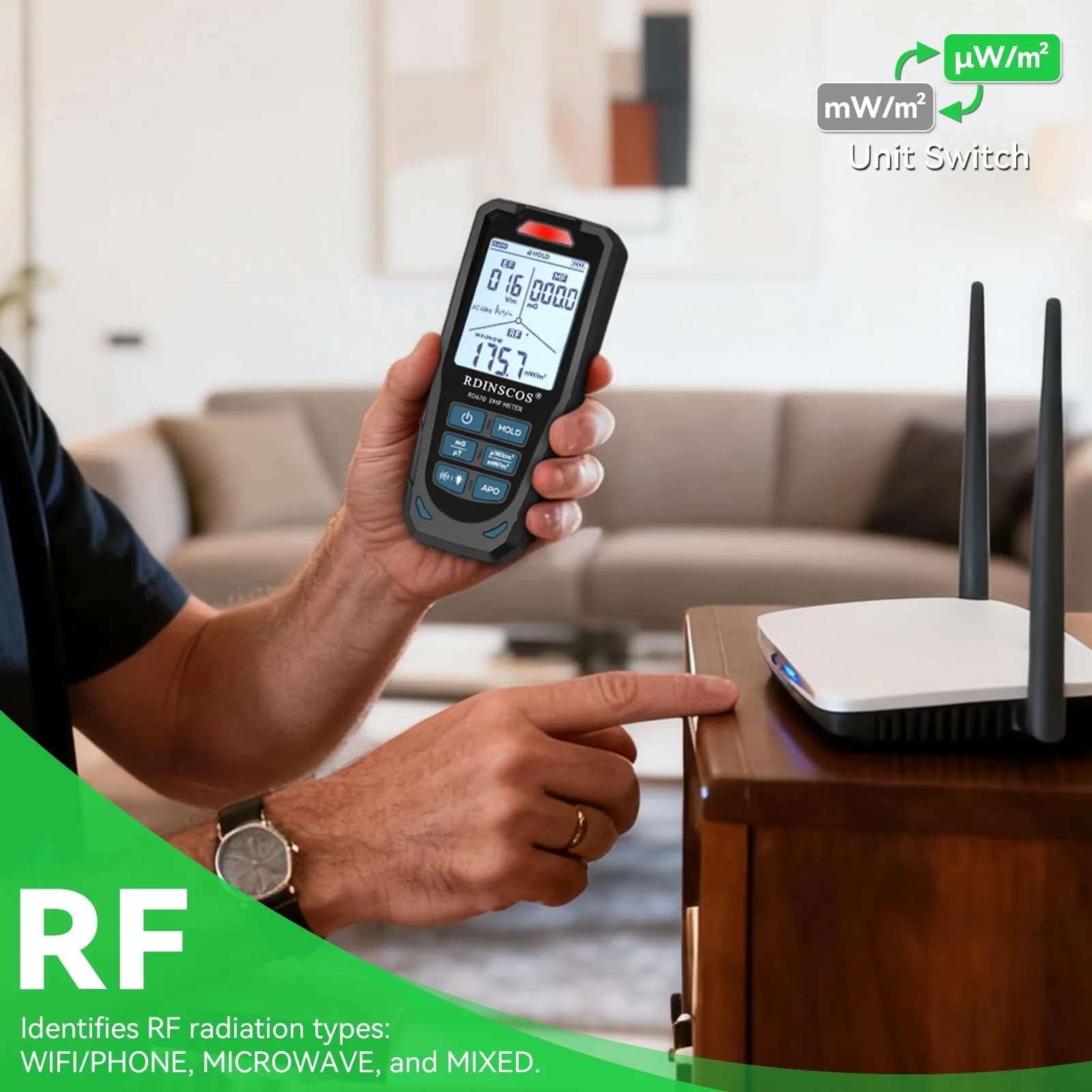 RDINSCOS 3-in-1 EMF Detector Rechargeable EMF Meter with 10GHz RF Detection | Measures Electric, Magnetic, RF Fields - view 3
