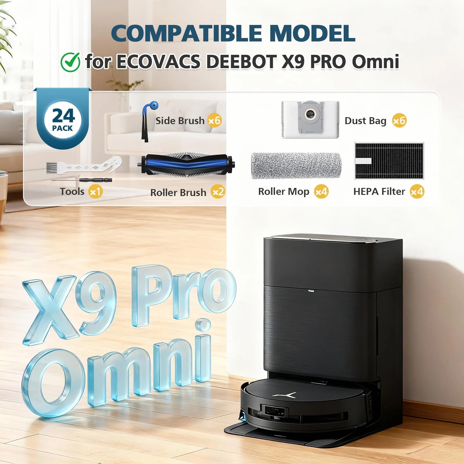 Lacvik X9 Accessory Kit for ECOVACS DEEBOT X9 PRO OMNI, X9 PRO Robot Vacuum | 24-Piece Set with 3L Dust Bags & HEPA Filters - view 2