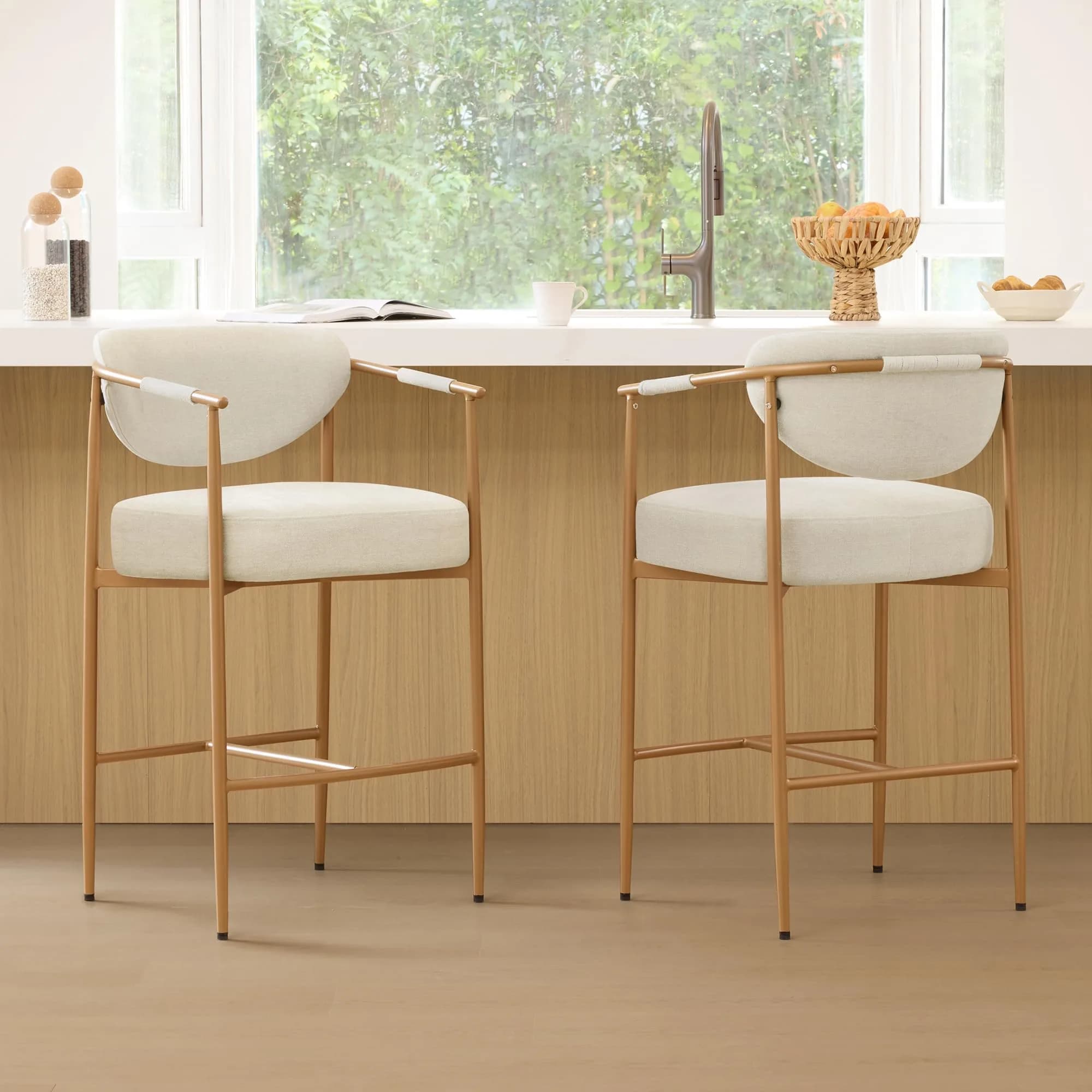 CHITA 27" Counter Height Fabric Linen Bar Stools | Modern Handcrafted Design Support
