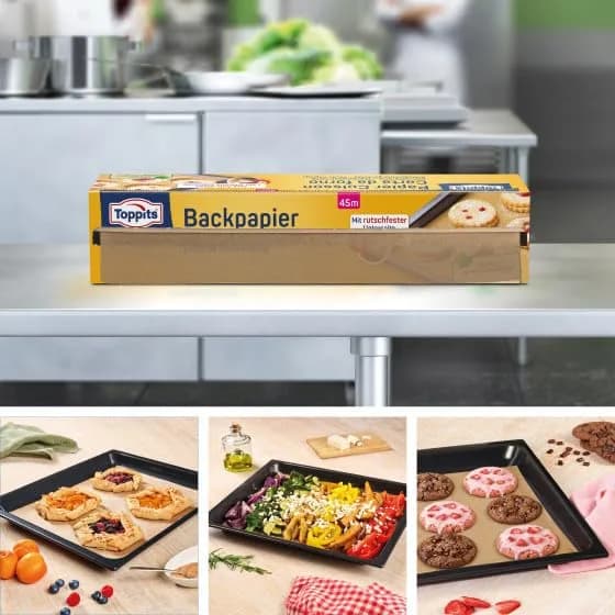 Toppits Baking Paper 45 m Roll Non-Stick with Tear-Off Saw | Heat Resistant 220°C, Versatile for Oven & Grill thumbnail 3