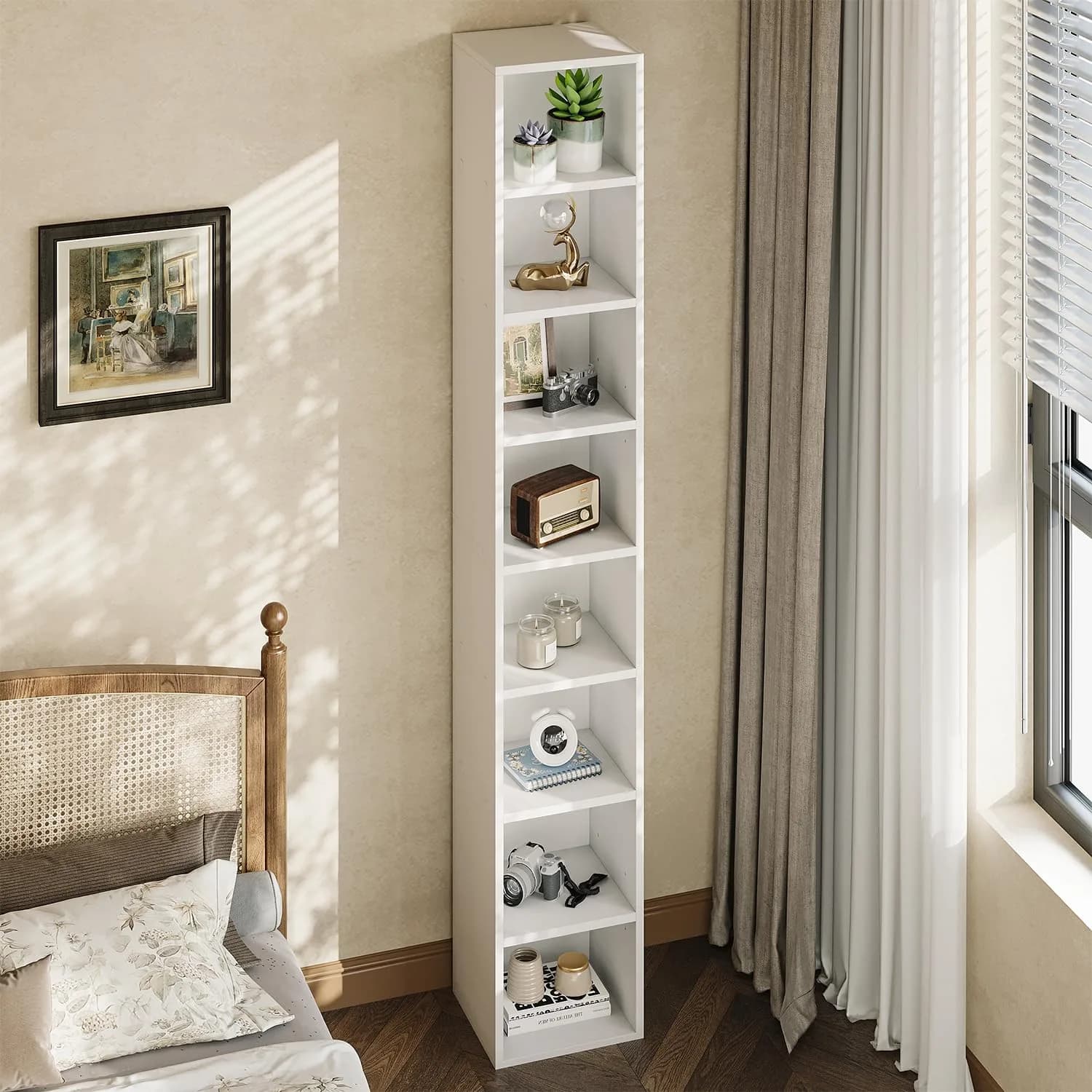 OneBlis 8-Tier Narrow Bookshelf 71.5" Tall White | Modern Wooden Book Shelf with Storage