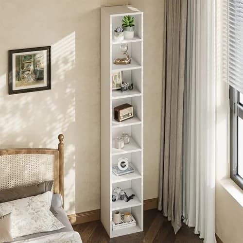 OneBlis 8-Tier Narrow Bookshelf 71.5" Tall White | Modern Wooden Book Shelf with Storage thumbnail 1